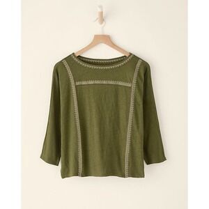 Garnet Hill Monroe Organic Linen Knit Top Small Sage Green Embroidered Dolman